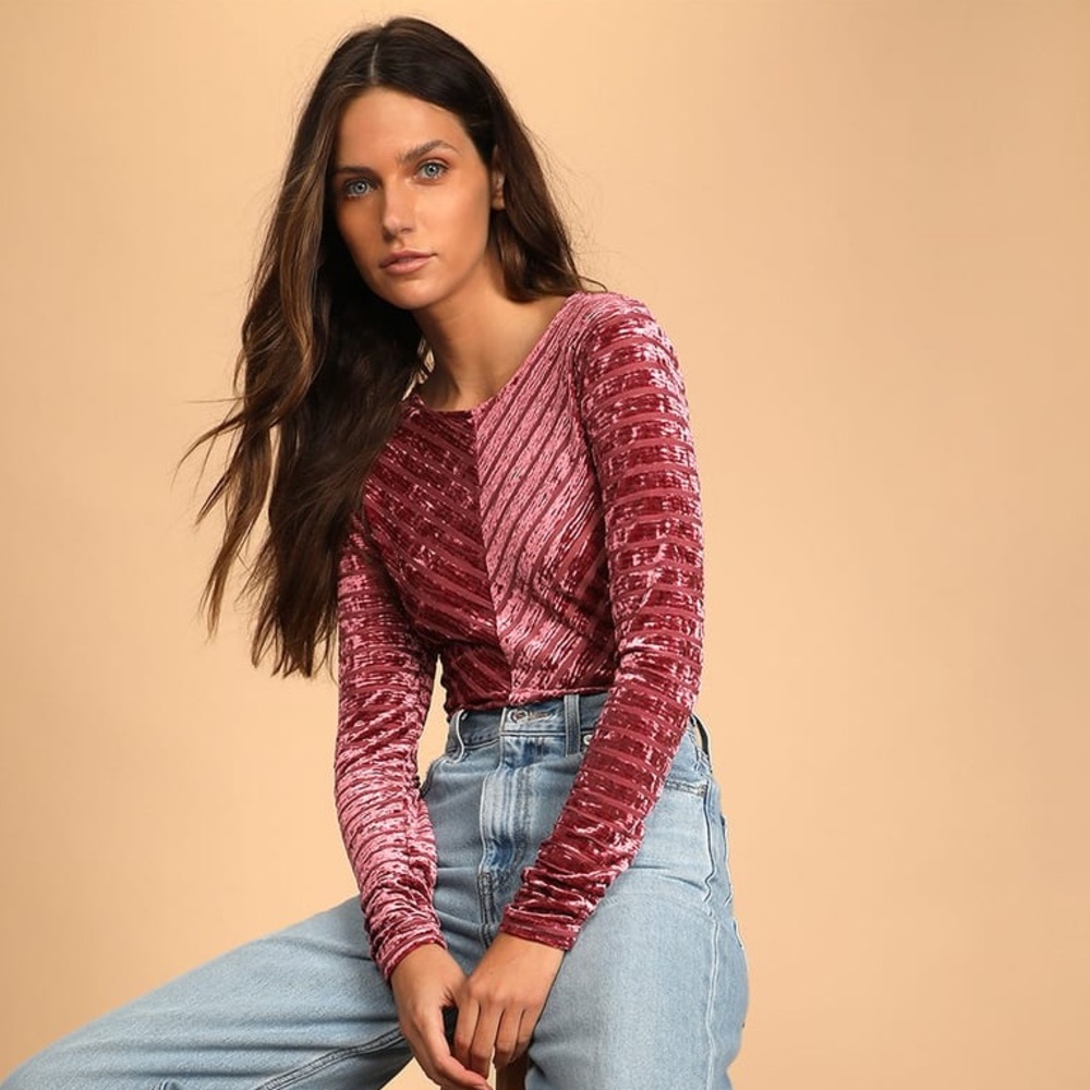 Lulu’s Save the Date Dusty Pink Velvet Striped Long Sleeve Bodysuit